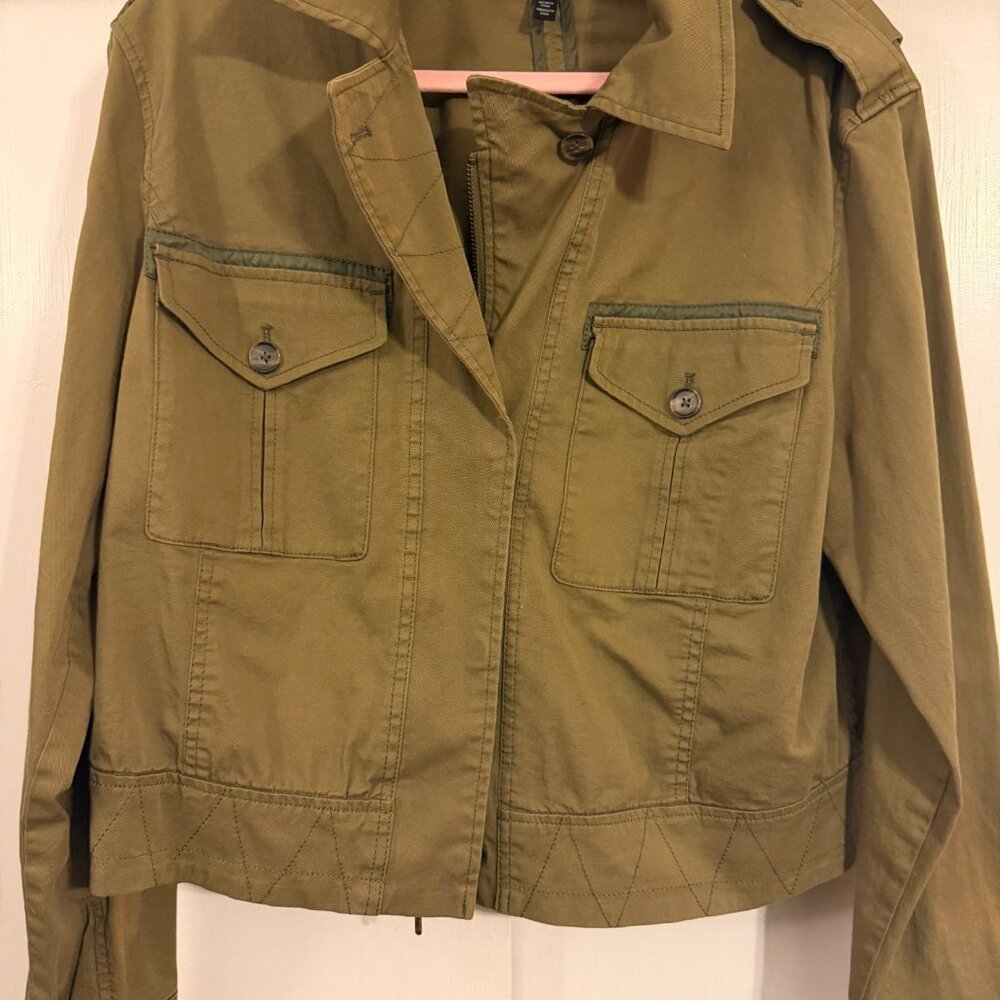 WHITE HOUSE BLACK MARKET WHBM OLIVE GREEN/BROWN MILITARY STYLE JACKET STYLISH L